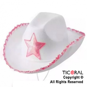 SOMBRERO COWBOY ESTRELLA Y LENTEJUELAS BLANCO x 1